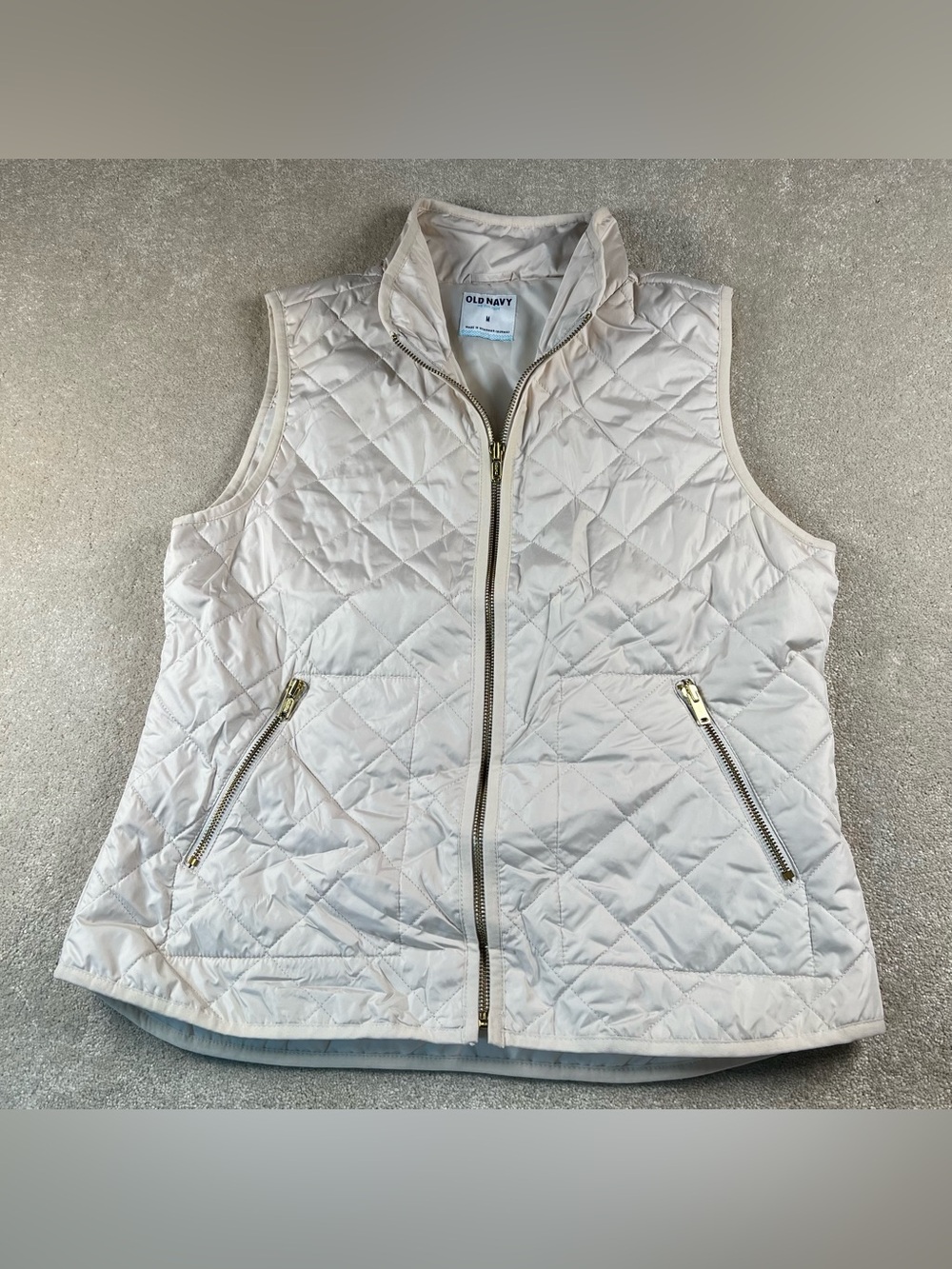 Old Navy Quilted Vest Cream Lightweight Puffer Gold Hardware Zip Up Women's Med